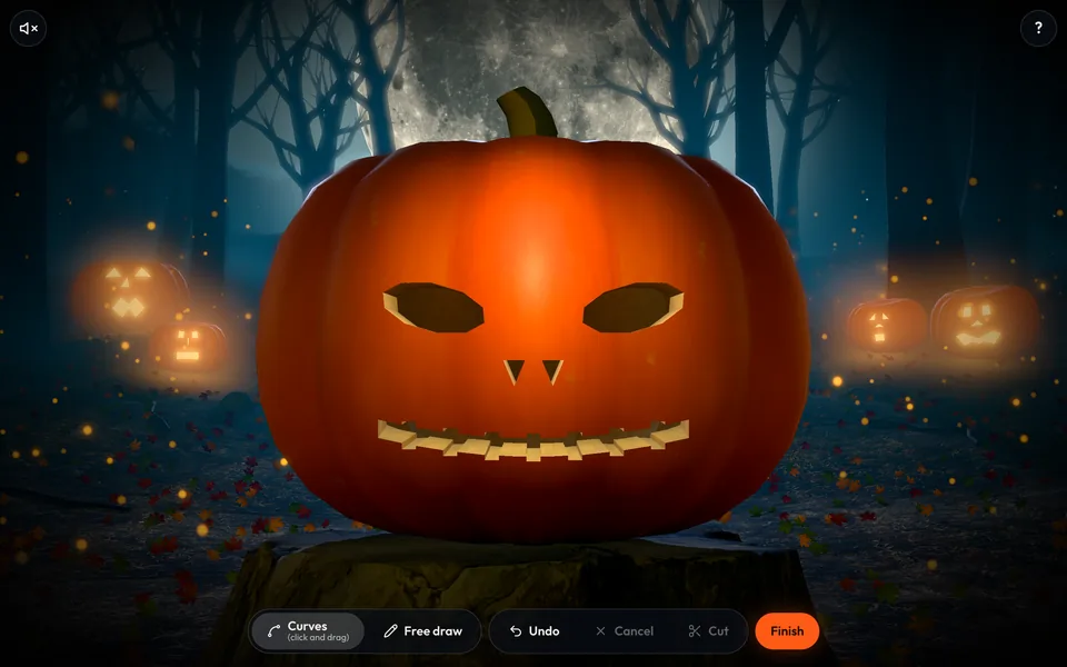 The pumpkin with Jack Skellington's eyes, nose and stitched grin cut out, still unlit