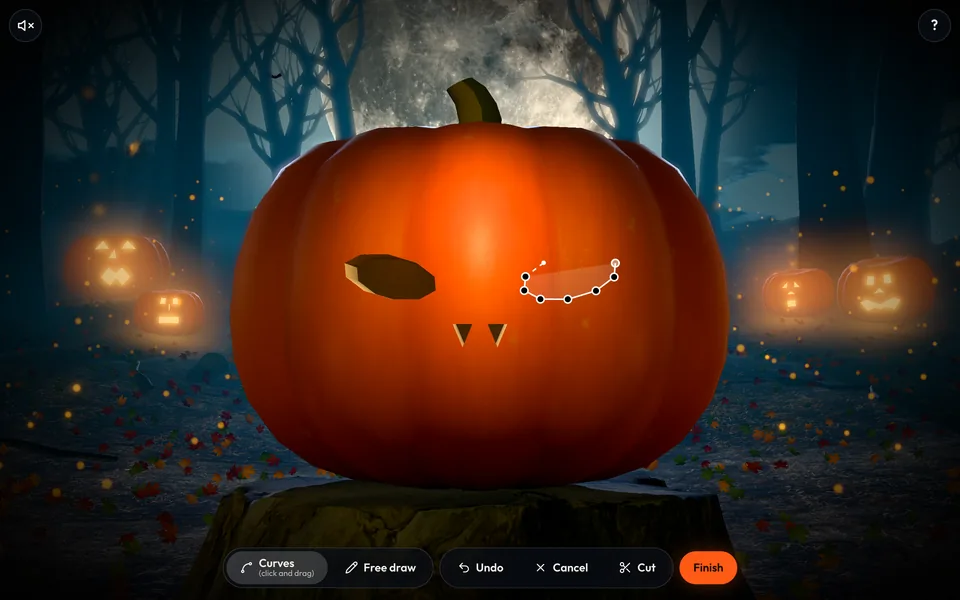 An eye being outlined point by point on the pumpkin beside a carved eye and nose, with the carving tools along the bottom of the screen