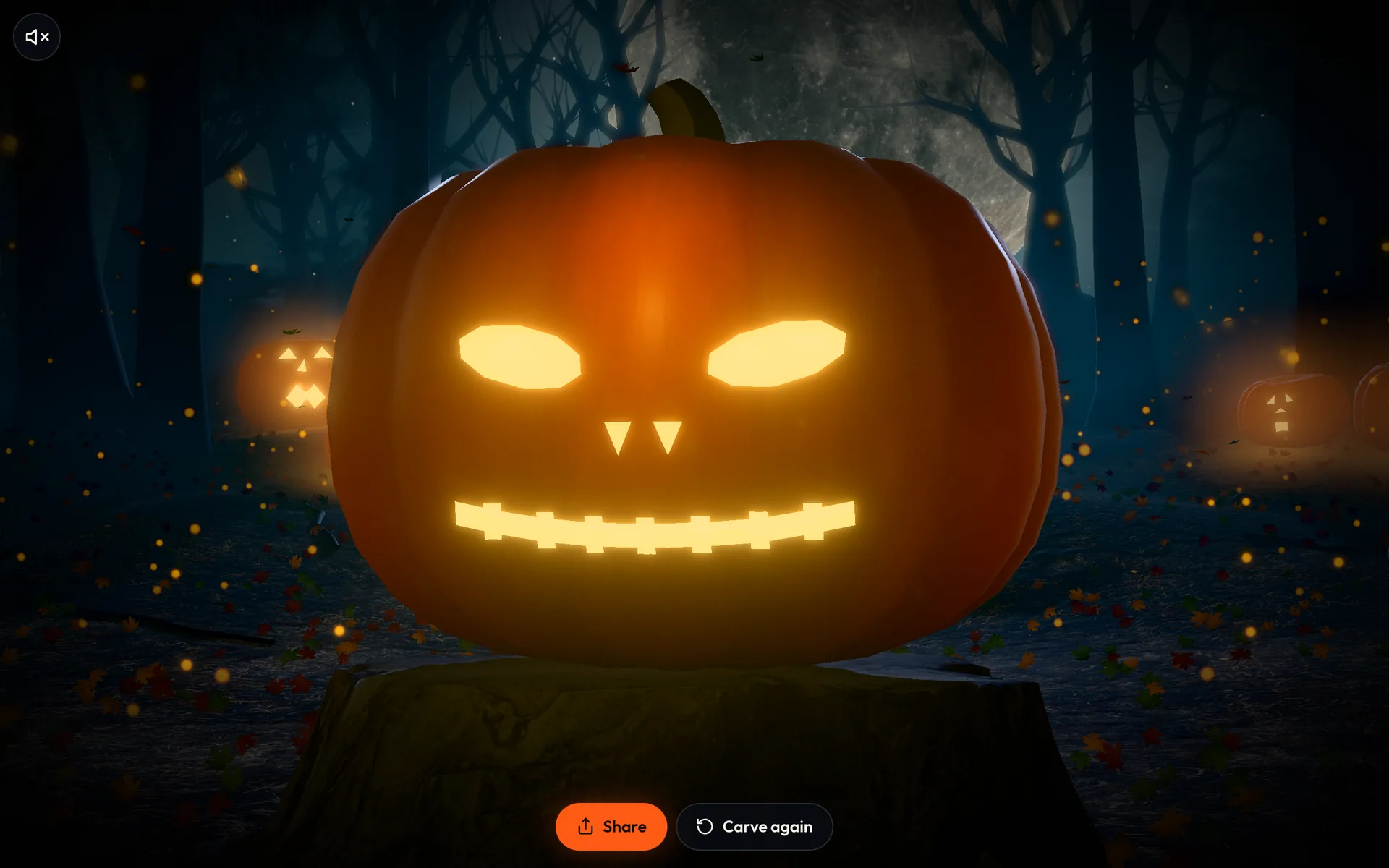 A pumpkin carved with Jack Skellington's face, glowing on a pallet in a misty, moonlit forest, with Share and Carve again buttons beneath it