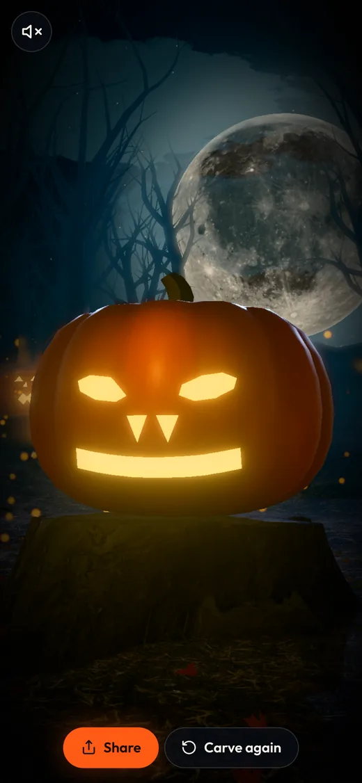The same lit pumpkin on a phone, with Share and Carve again buttons beneath it