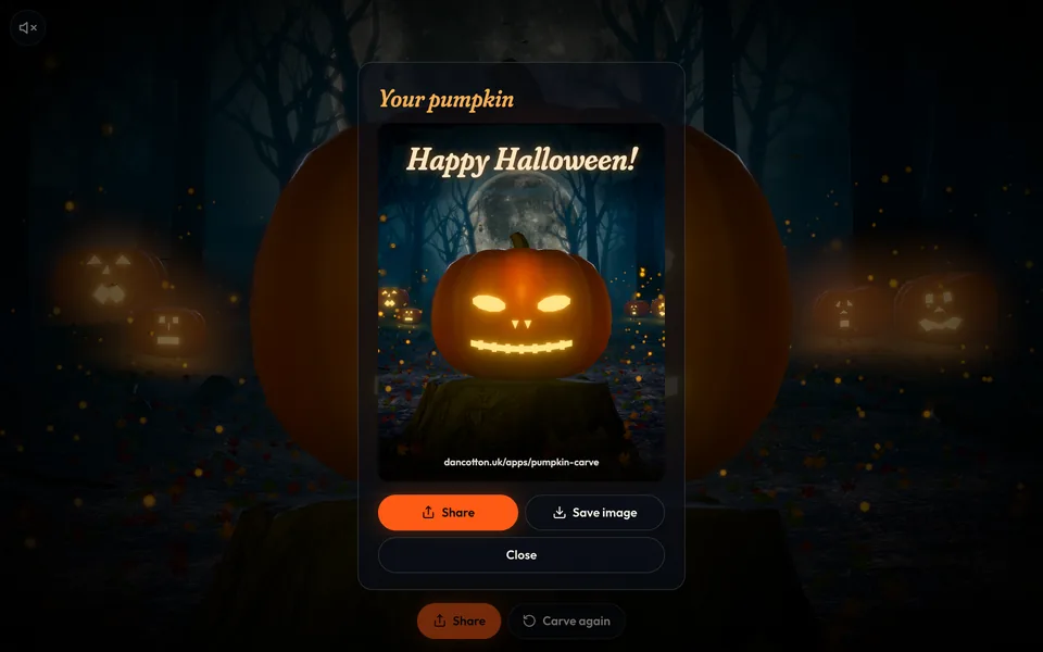 The share card for a finished pumpkin, with Share and Save image buttons